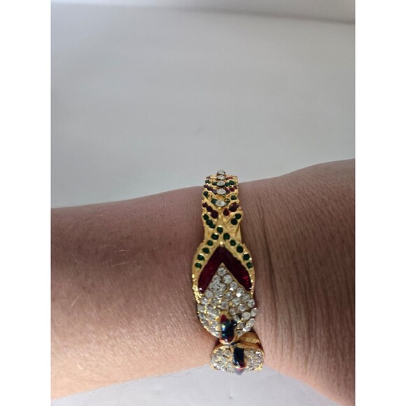 Gold Tone Clamper Bracelet Multicolored Rhinestones One Missing - Picture 6 of 8